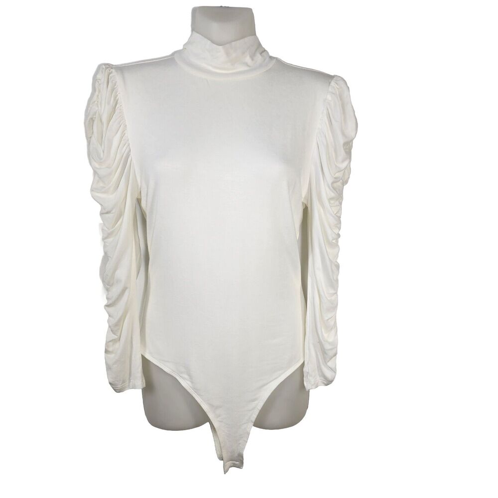 Love Tree Womens Bodysuit Size Medium Ivory Ruched Puff Long Sleeve Mock Neck